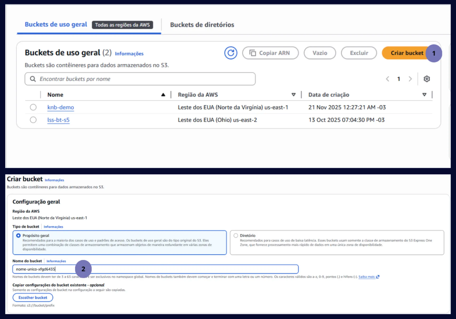 Criação de bucket no S3